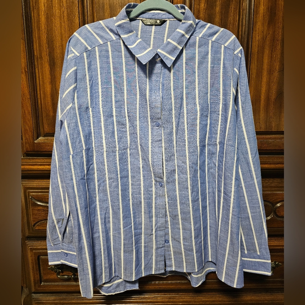 Riders by Lee 3X Shirt Women's Long Sleeve Button Up Blue & White Striped